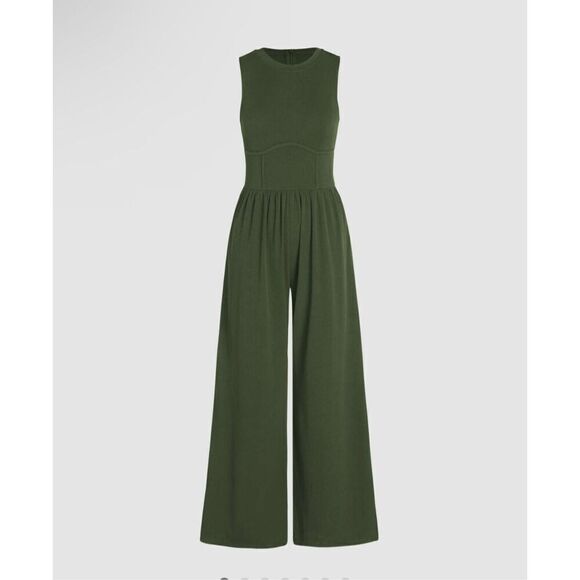 Cider Solid Green Sleeveless Wide Leg Jumpsuit - Picture 9 of 11